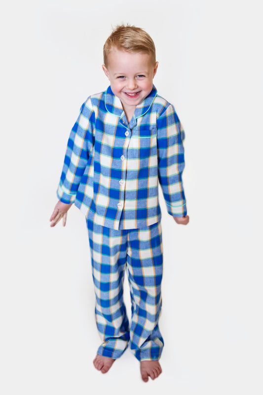 100% Woven Cotton Flannel Winter Pyjamas - Blue Camper Check
