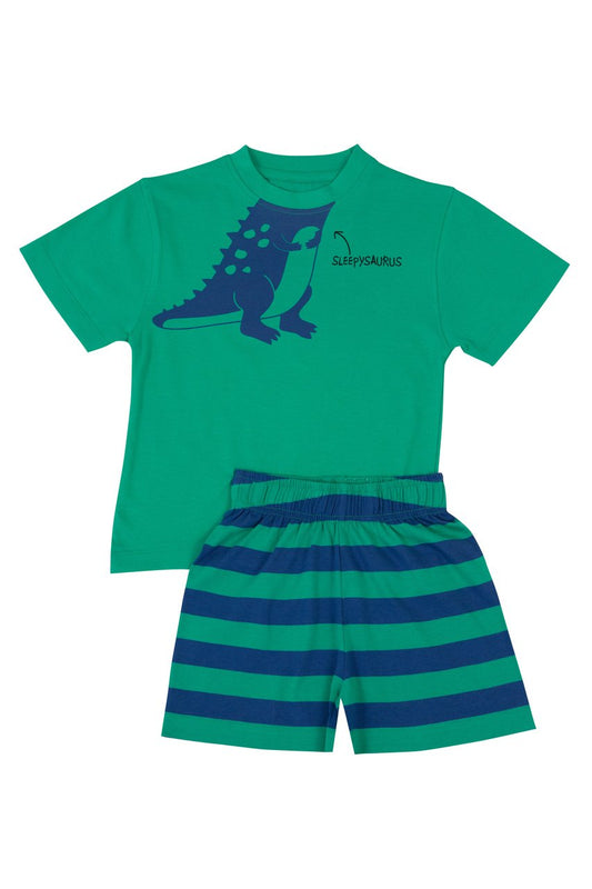 Boys 100% Jersey Cotton Summer Pyjamas - Green Sleepyasaurus