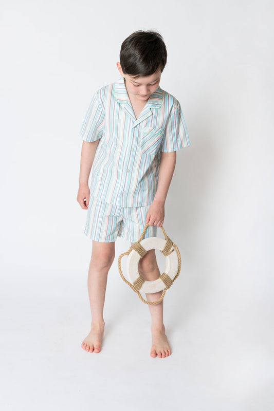 Boys 100% Woven Cotton Summer Pyjamas - Ocean Stripe