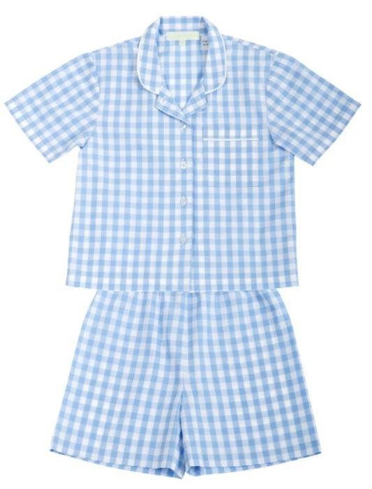 Boys 100% Woven Cotton Summer Pyjamas - Light Blue Gingham Check