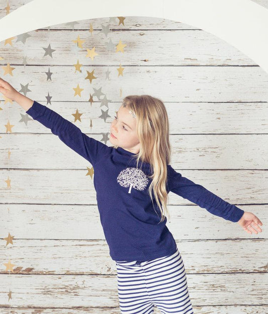 Girls 100% Jersey Cotton Winter Pyjamas - Navy Apple Tree Stripe