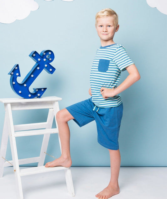 Boys 100% Jersey Cotton Summer Pyjamas - Blue Palm Stripe