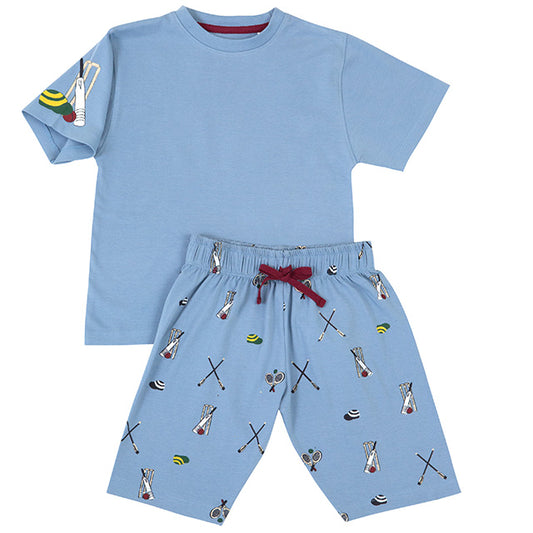 Boys 100% Jersey Cotton Summer Pyjamas - Light Blue Summer Sports