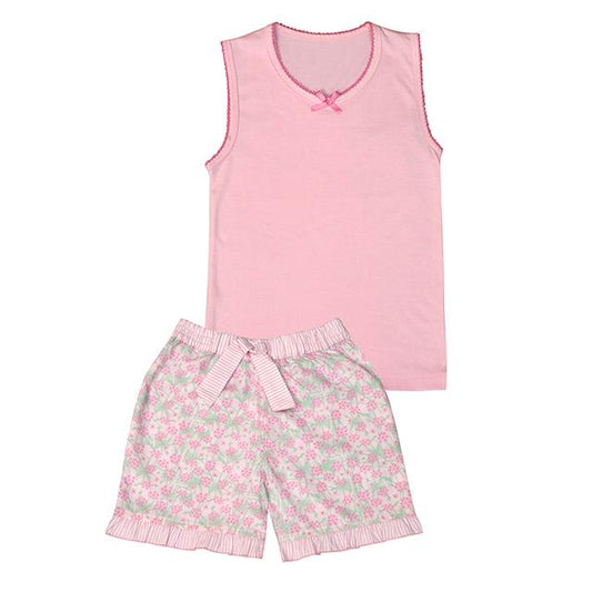 Girls 100% Jersey Cotton Summer Pyjamas - Pink Frilly Floral