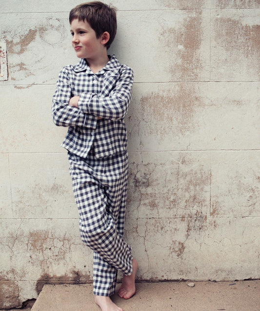 Boys 100% Woven Cotton Flannel Winter Pyjamas - Grey Gingham Check