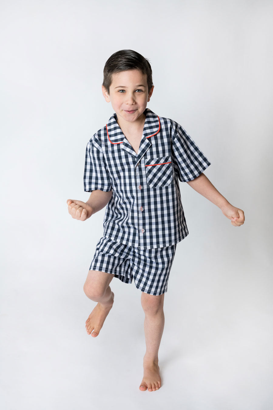 Boys 100% Woven Cotton Summer Pyjamas - Navy Gingham Check