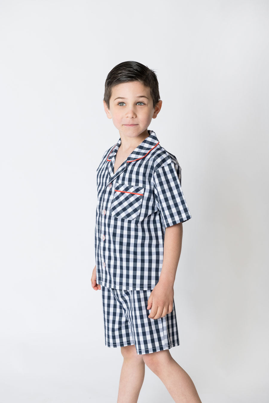 Boys 100% Woven Cotton Summer Pyjamas - Navy Gingham Check