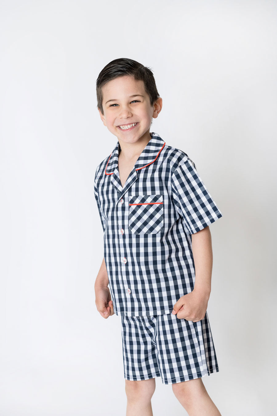 Boys 100% woven cotton summer pyjamas - Classic navy gingham check