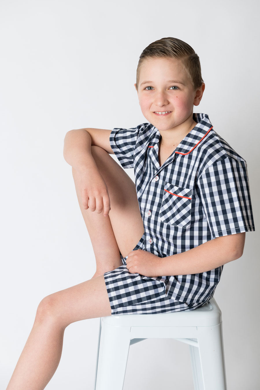 Boys 100% Woven Cotton Summer Pyjamas - Navy Gingham Check