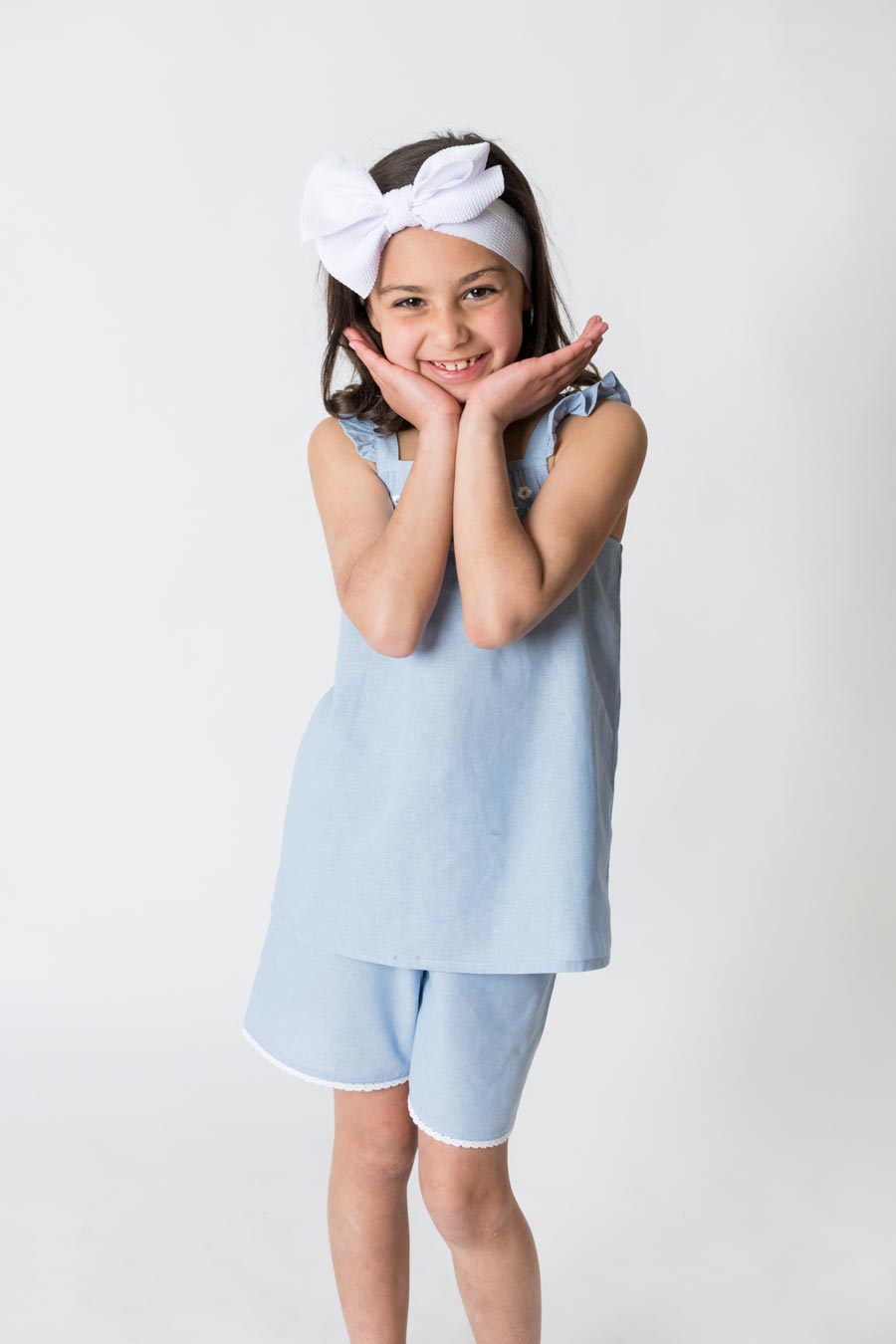 Girls 100% Woven Cotton Summer Pyjamas - Chambray Dream Pretty