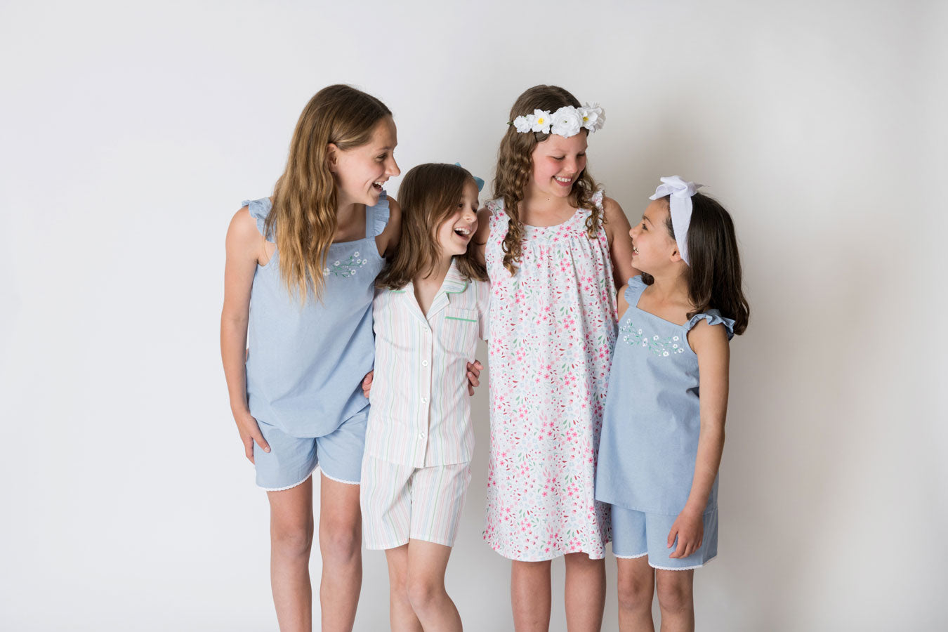 Girls 100% Woven Cotton Summer Pyjamas - Chambray Dream Pretty