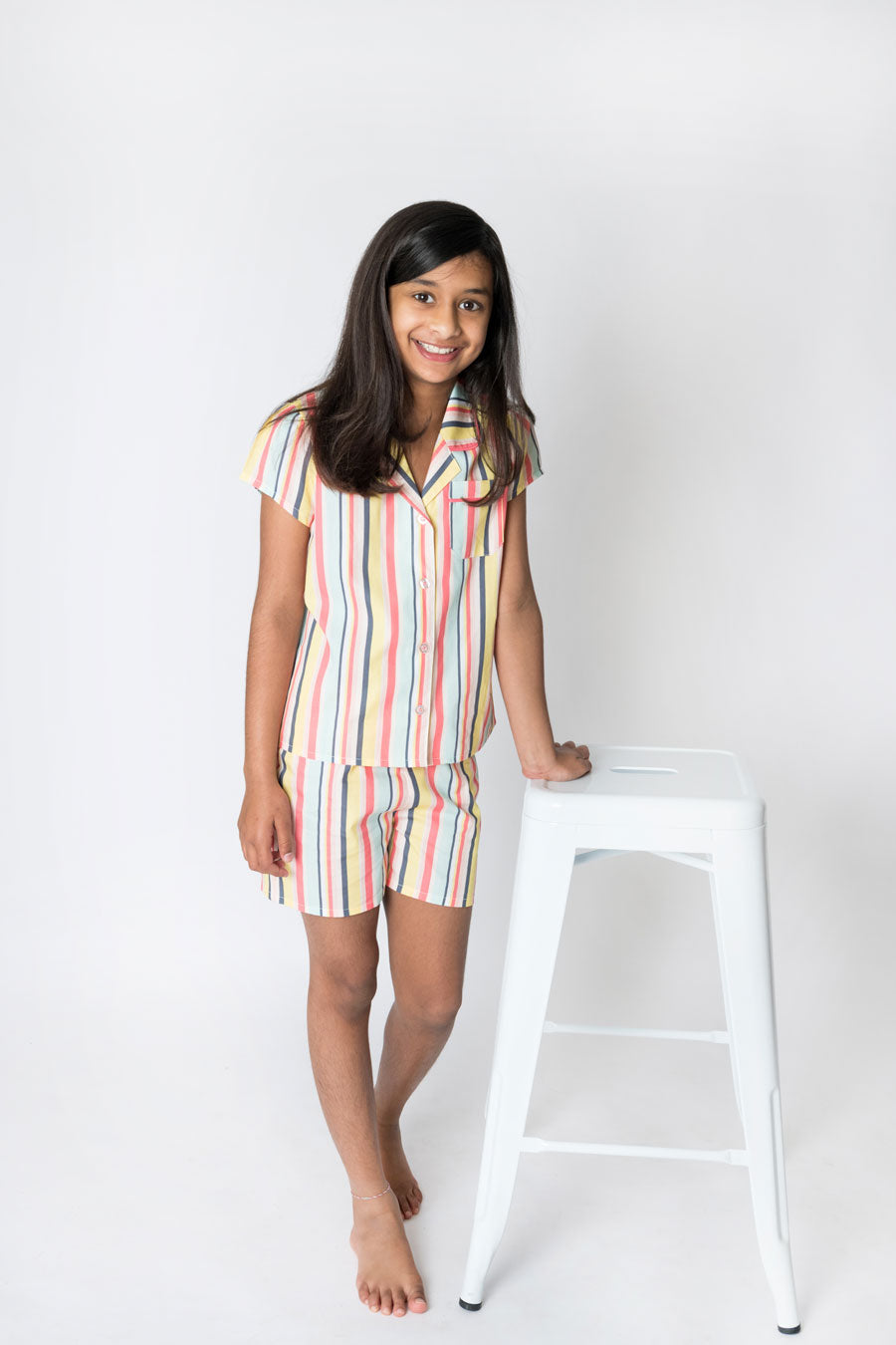 Girls 100% Woven Cotton Summer Pyjamas - Rainbow Stripes