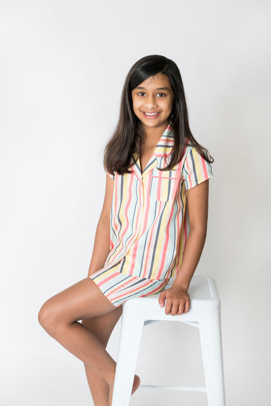 Girls 100% Woven Cotton Summer Pyjamas - Rainbow Stripes