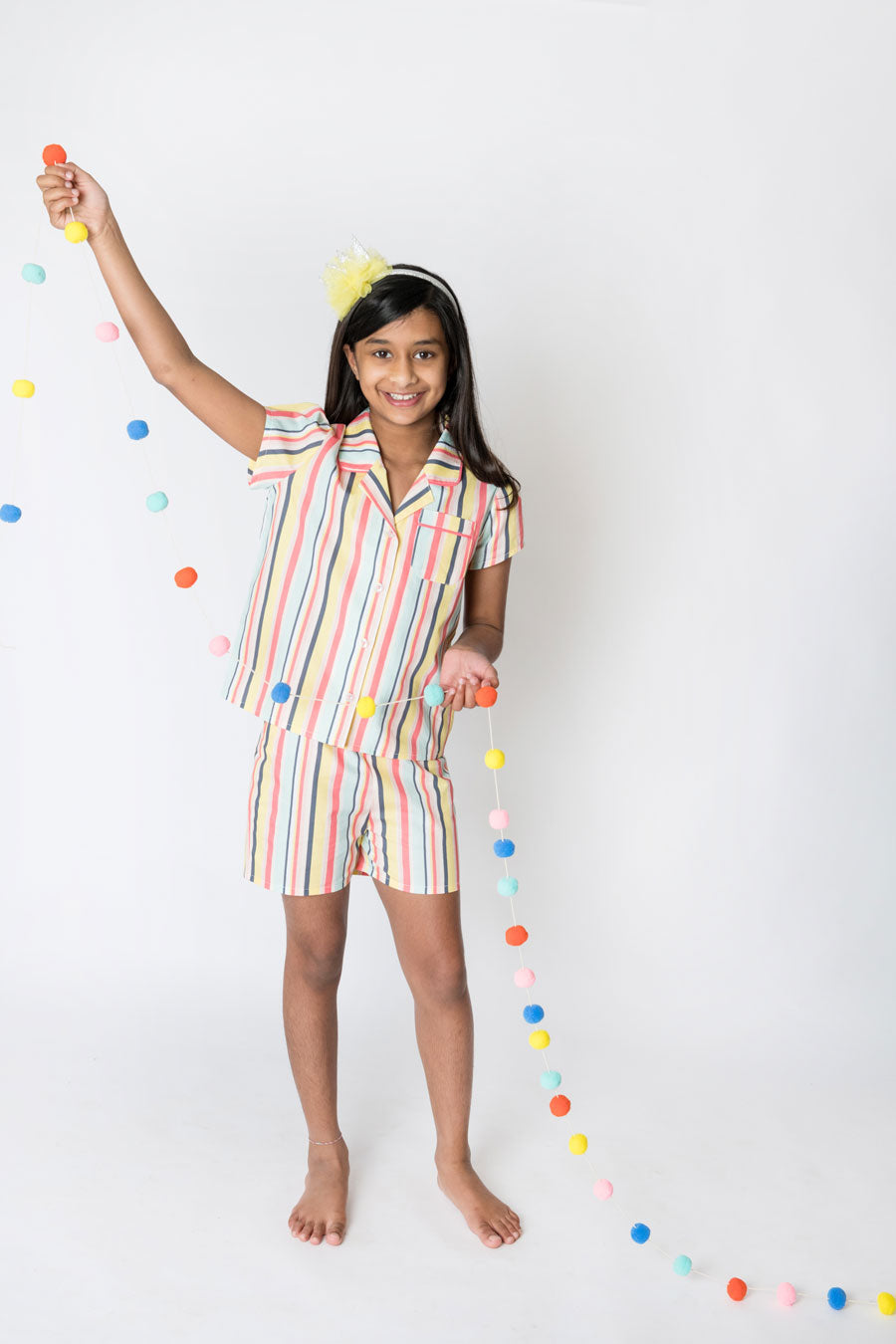 Girls 100% Woven Cotton Summer Pyjamas - Rainbow Stripes