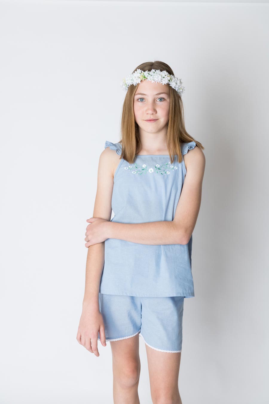 Girls 100% Woven Cotton Summer Pyjamas - Chambray Dream Pretty