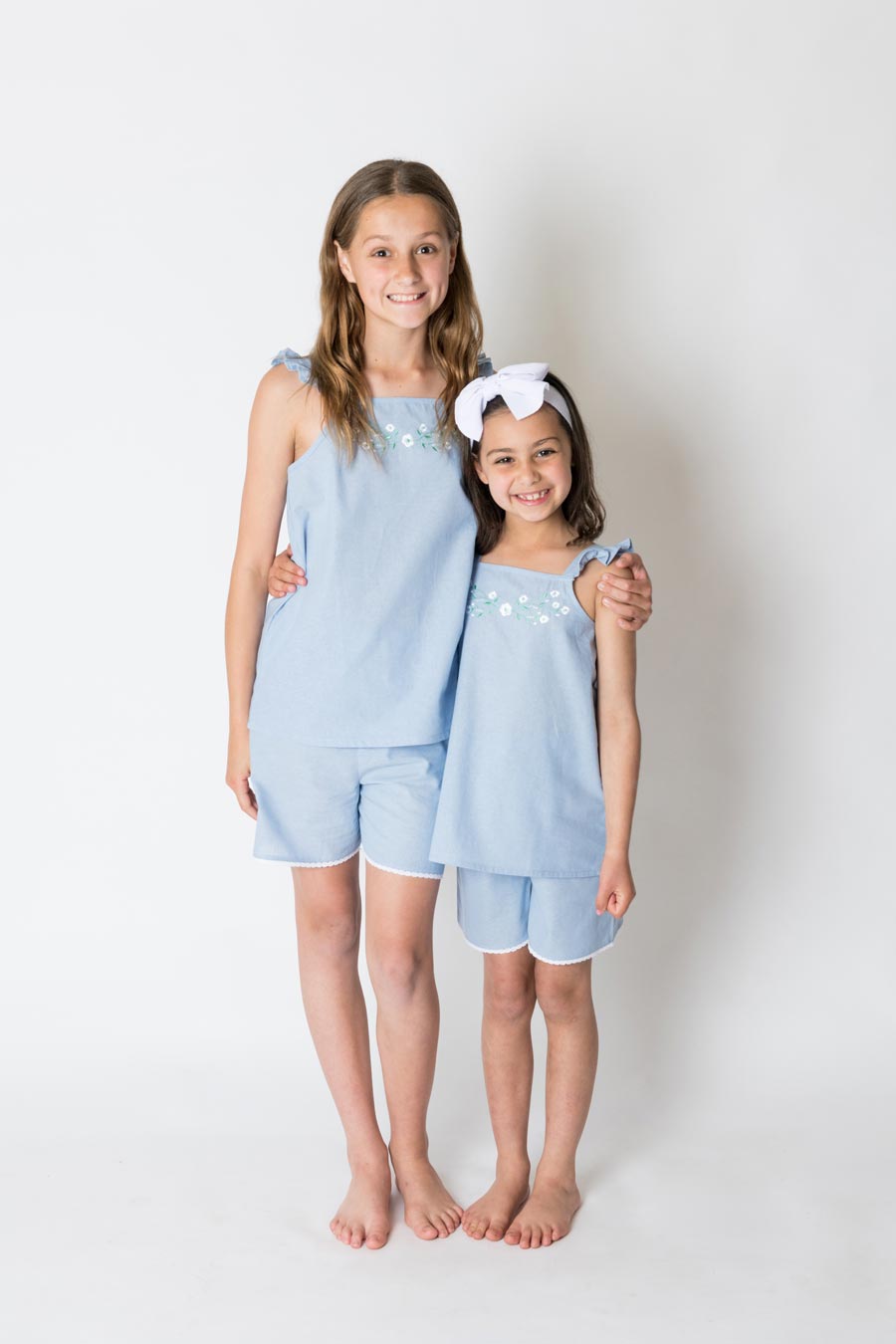 Girls 100% Woven Cotton Summer Pyjamas - Chambray Dream Pretty