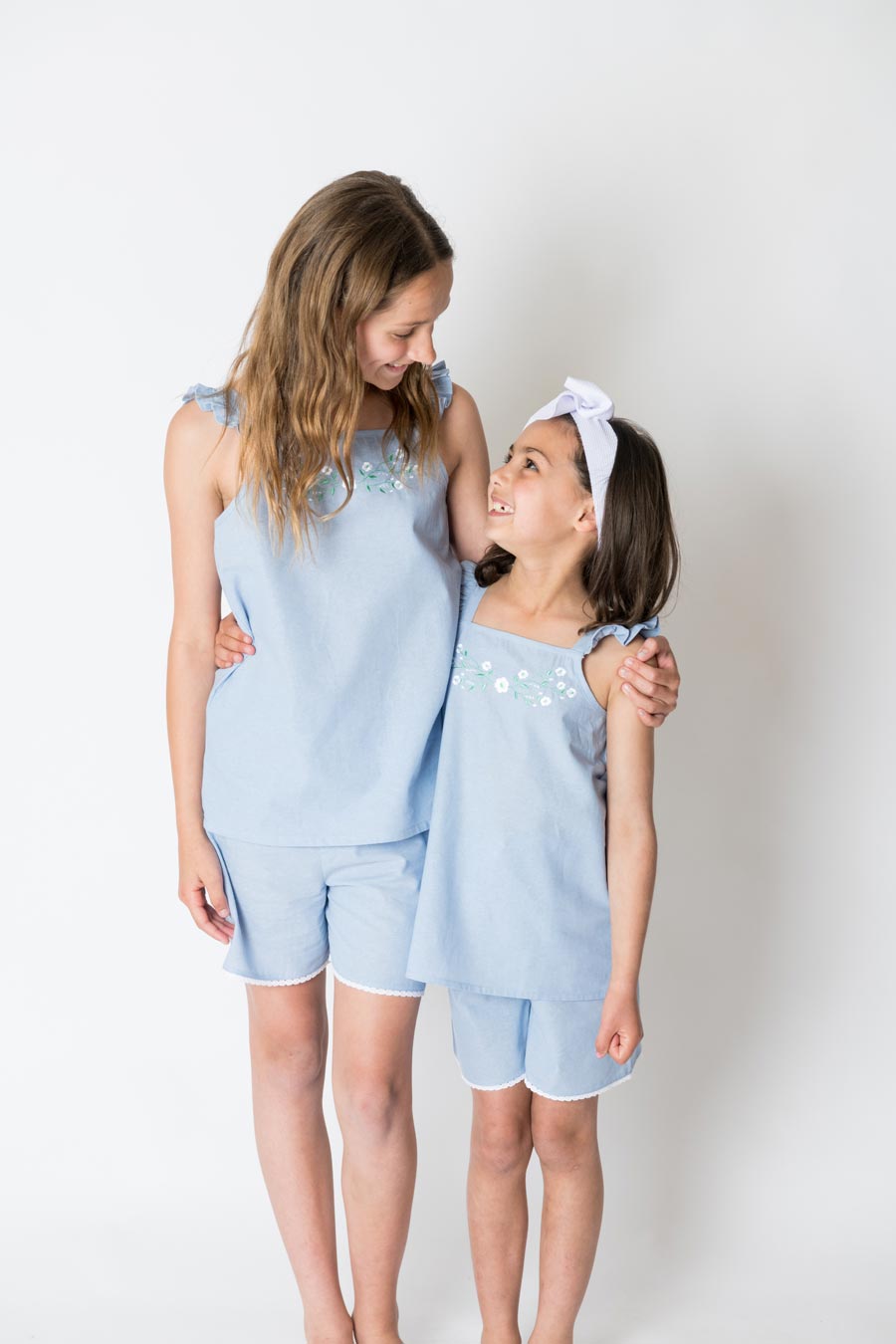 Girls 100% Woven Cotton Summer Pyjamas - Chambray Dream Pretty