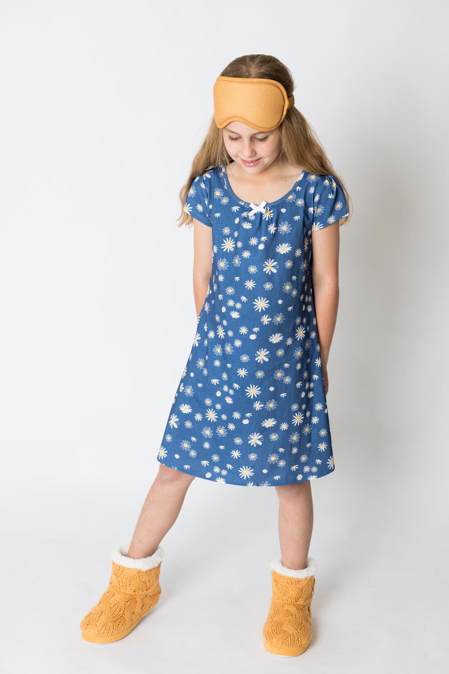 Girls 100% Jersey Cotton Summer Nightie - Navy Oopsy Daisy